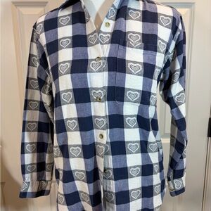 Stylish Women's Navy and White Heart Button Down Shirt